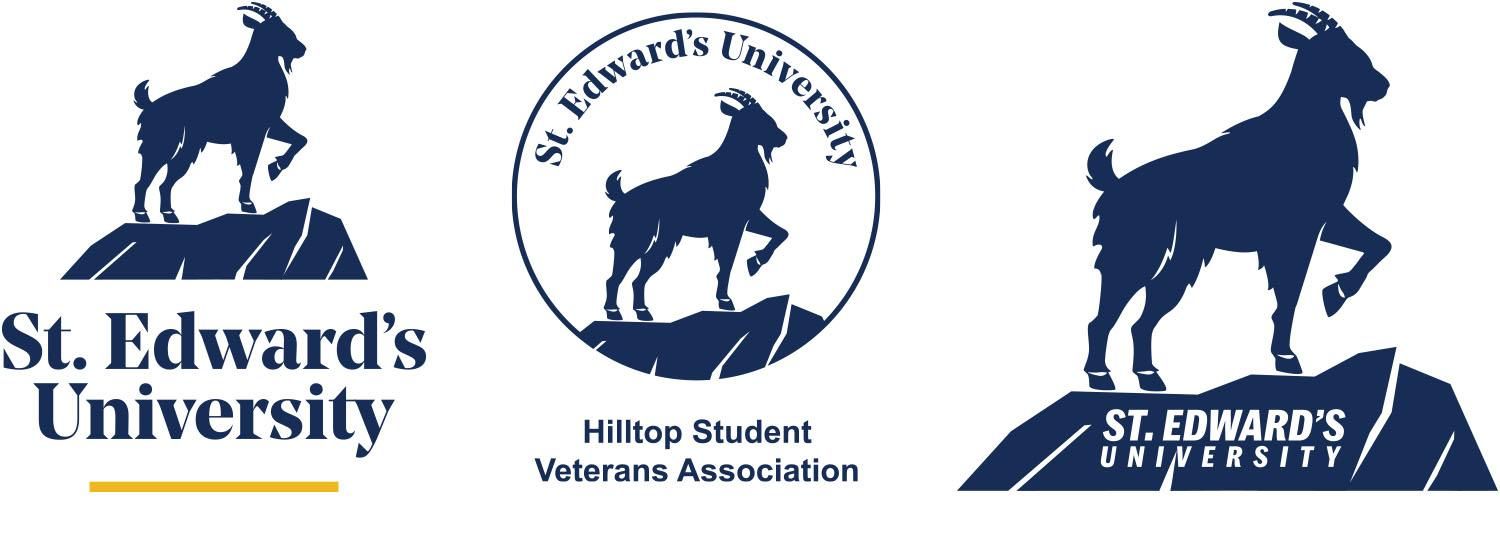 Three versions of the Topper Spirit Mark are shown, one that's vertical in blue and gold, one that a circular badge in blue only and one that's the solo silhouette in blue only with the text "St. Edward's University." Each mark depicts a goat silhouette on a rocky hill.
