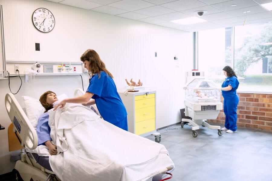 Nursing students engage in nursing labs in Fleck Hall.