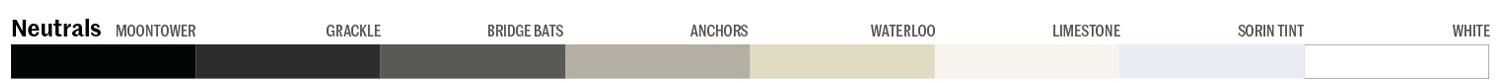 Example showing the colors of the Neutral palette, including various shades of black, dark gray, tan and white. These colors are named Moontower, Grackle, Bridge Bats, Anchors, Waterloo, Limestone, Sorin Tint and White.