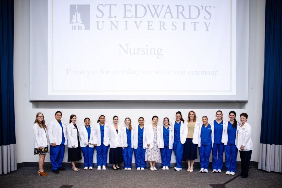 Inaugural Nursing cohort at the first-ever White Coat Ceremony in Jones Auditorium in Fall 2024.