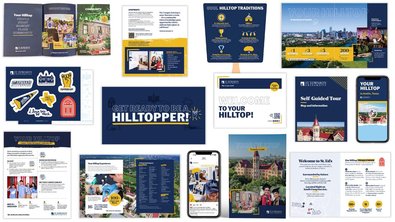 Several visual examples of design components, such as graphic elements and icons, being used effectively in various communication pieces