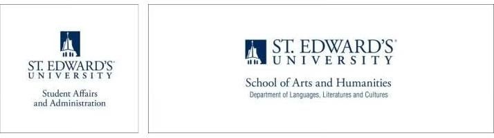 Visual examples of the St. Edward's lockup logo in a vertical treatment and using a secondary department name
