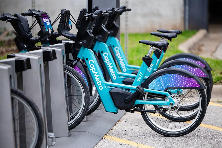CapMetro e-bike station at St. Edward's University.