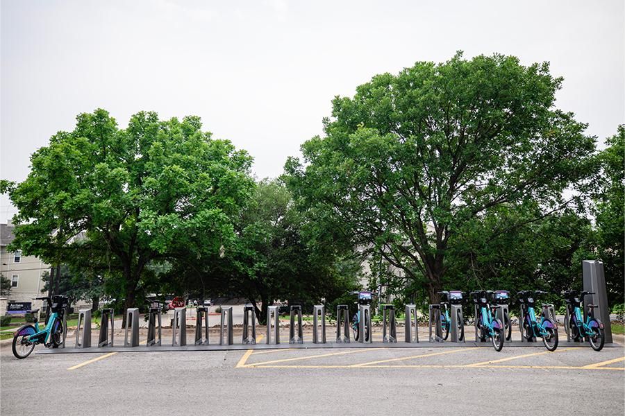 CapMetro e-bike station at St. Edward's University.