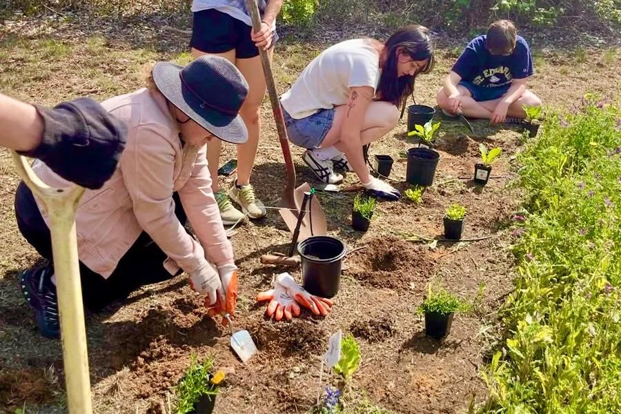 Students planting seeds at the new International Food Garden.