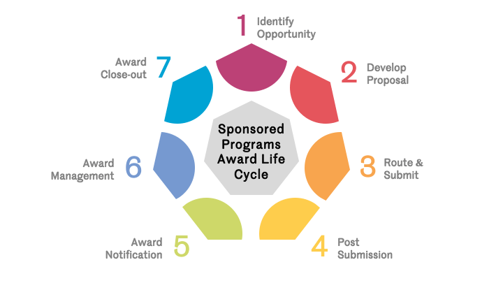 Sponsored Programs Award Life Cycle infographic showing a seven-step circular process: (1) Identify Opportunity, (2) Develop Proposal, (3) Route & Submit, (4) Post Submission, (5) Award Notification, (6) Award Management, and (7) Award Close-out.