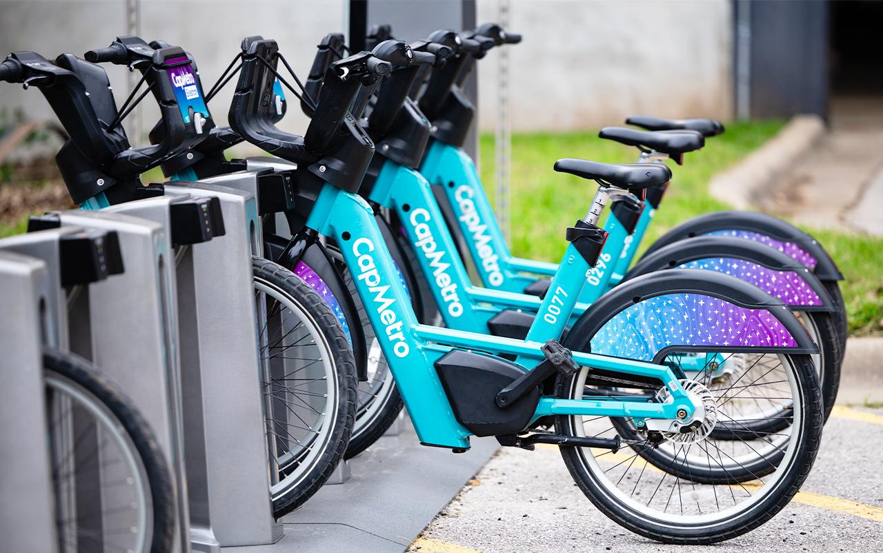 CapMetro e-bike station at St. Edward's University.
