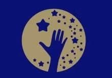 Blue background with gold sphere with blue hand and stars