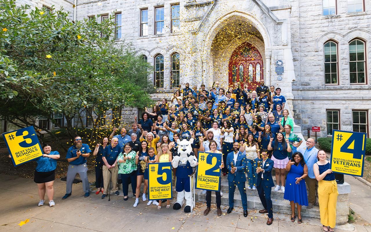 U.S. News & World Report #6 ranking group photo in front of Main Building.