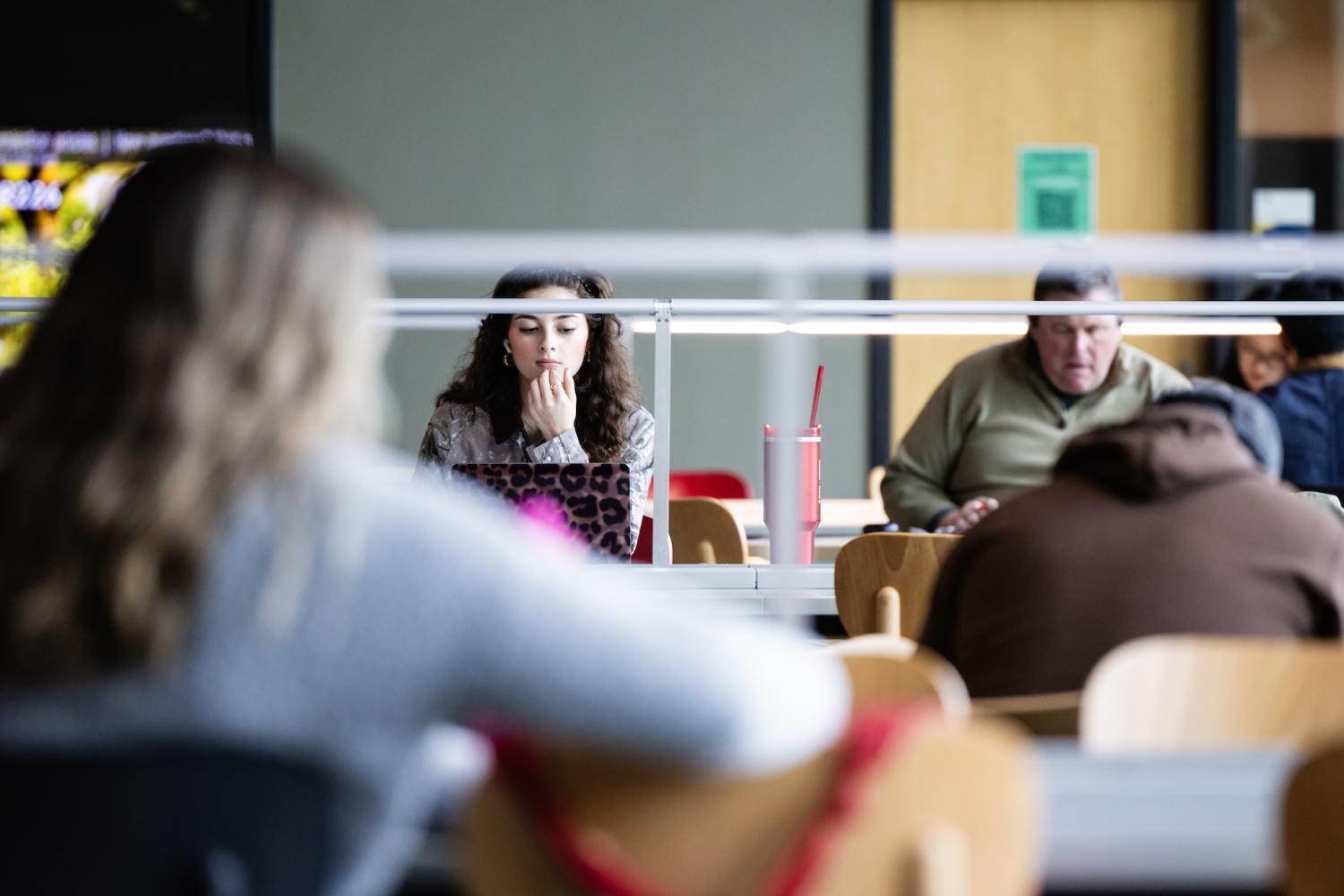 A group of students study in a library.